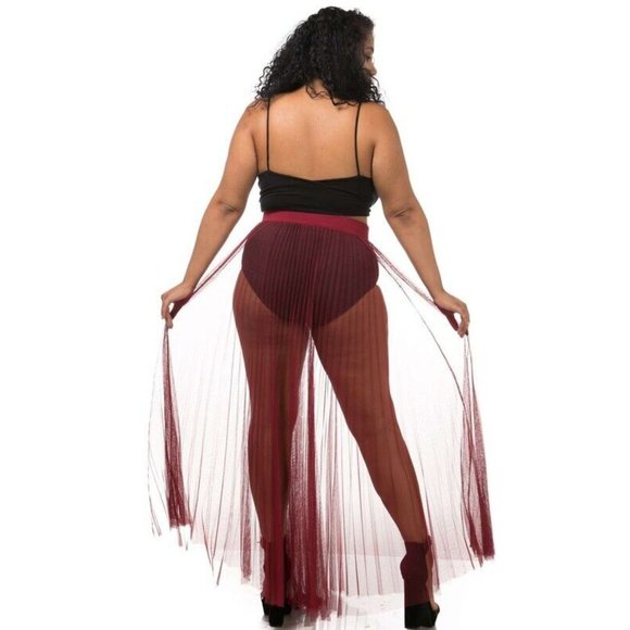 Women's Sexy Elastic Waist Pleated Mesh Maxi Skirt Plus Size 1X 2X 3X - Picture 4 of 6